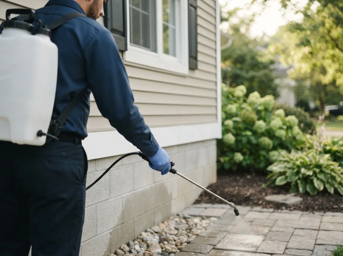 Pest control technician inspecting a home in Lenzburg, IL